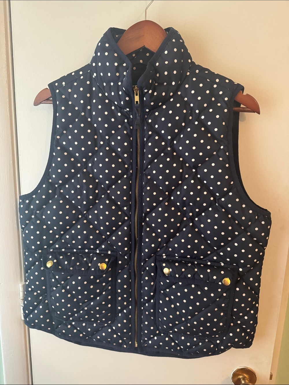 J. Crew Navy with White Polka Dot Quilted Vest
